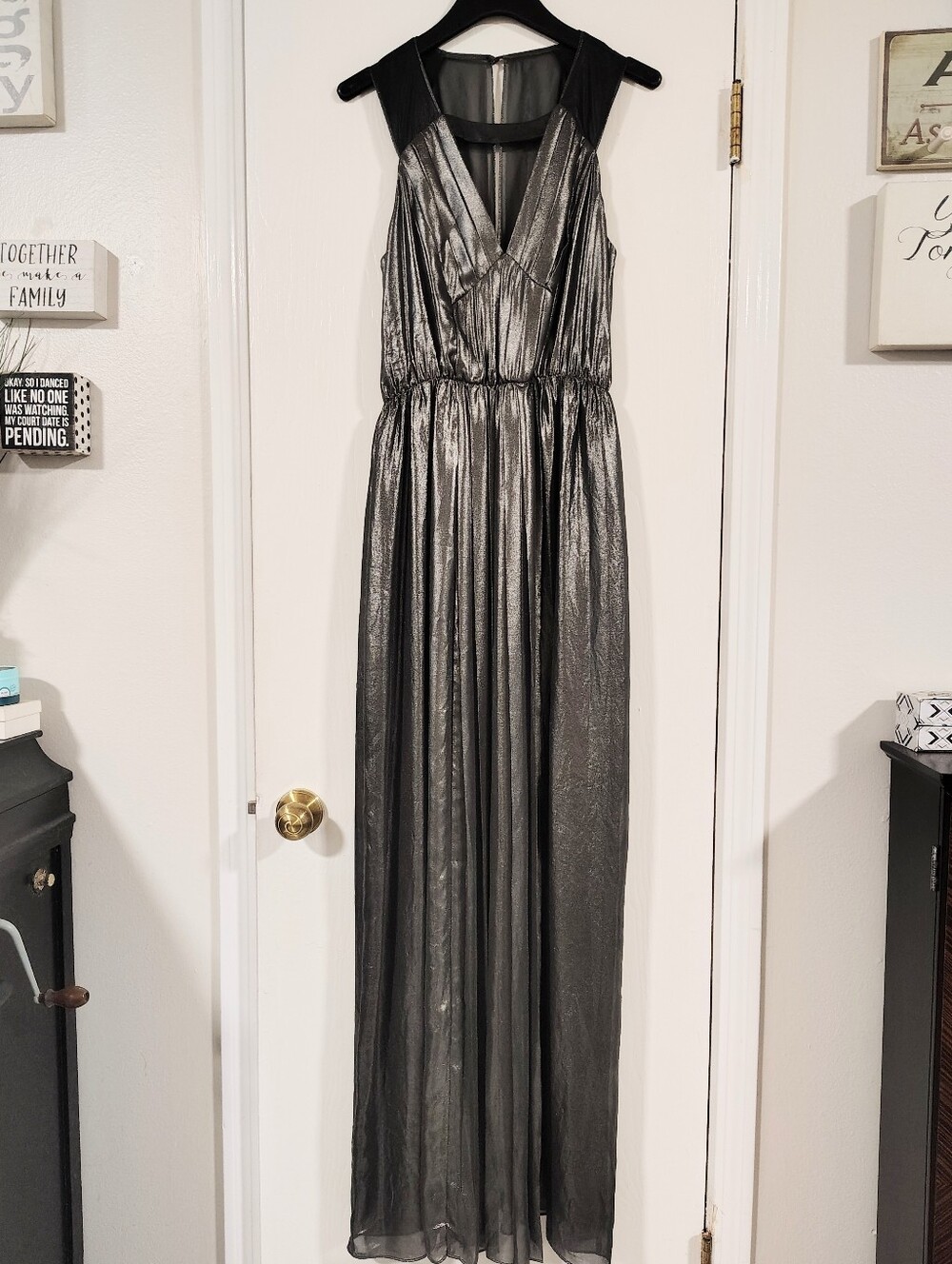 NWT BCBGeneration Metallic Silver & Black Maxi Dress Plunge V-Neck Women's Small - Picture 5 of 12